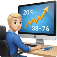emojis.com a-person-sitting-at-a-desk-working-and-looking-at-a-computer-with-upward-arrows-and-percentage-signs,-suggesting-digital-sales,-marketing,-or-outreach.